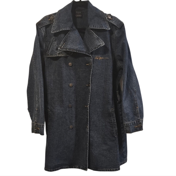 Vintage Fubu Denim Double Breasted Belt Trench Coat Size 2X - Picture 1 of 8